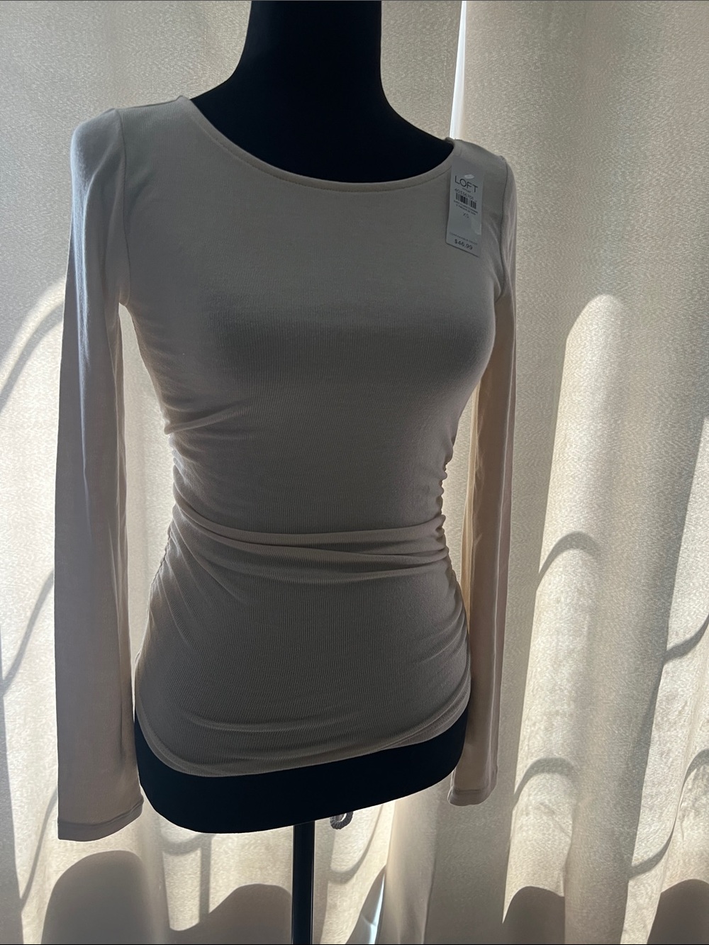 LOFT Cream Ribbed Long-Sleeve Scoop Neck Top